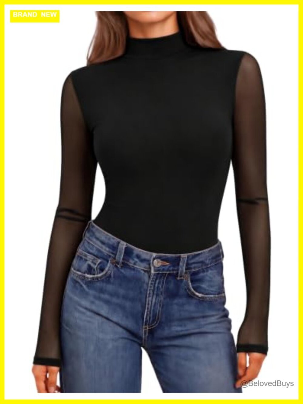 Mesh Long Sleeve Mock Neck Slim Fit Top Sheer Stretch Pleated